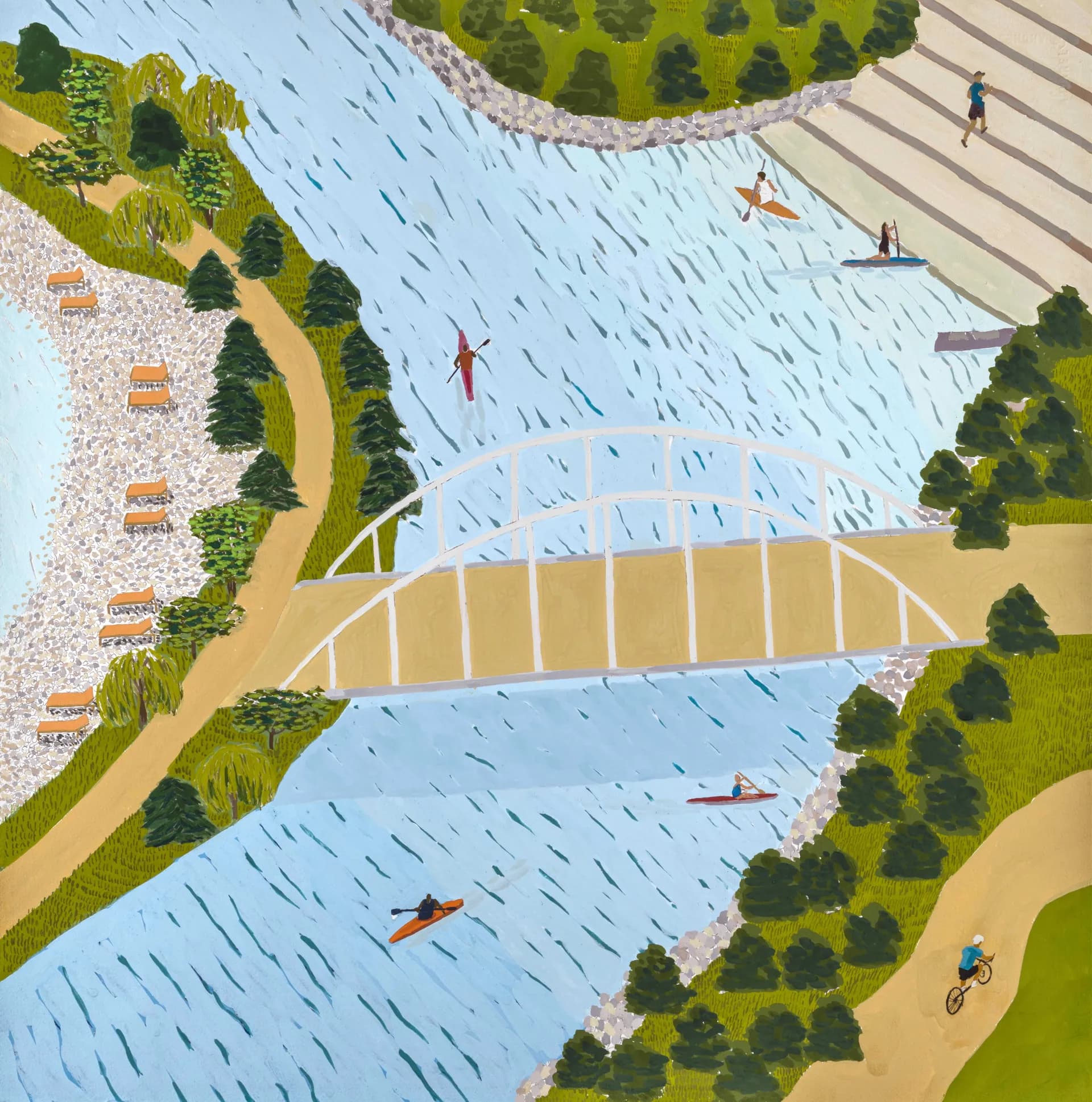 Illustrated aerial view of a white arch bridge over a waterway with kayaks and shoreline paths — Final_Bridge_1 from the South Banks set.